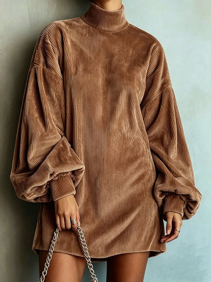 Loose And Cozy Corduroy Lantern-sleeve Mini Dress