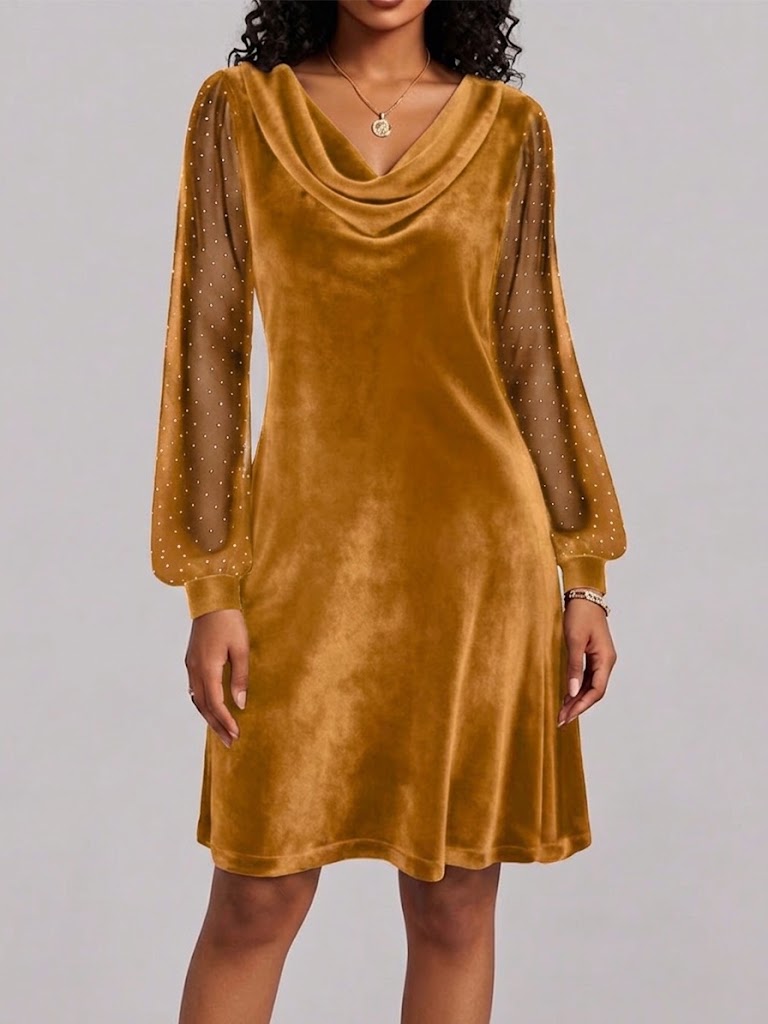 Long-sleeve Velvet And Mesh Dress With A Cowl Neck