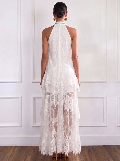 Stylish And Elegant White Lace Halter-neck Maxi Dress