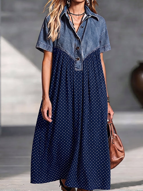 Vintage Denim Spliced Polka Dot Flowing Maxi Dress