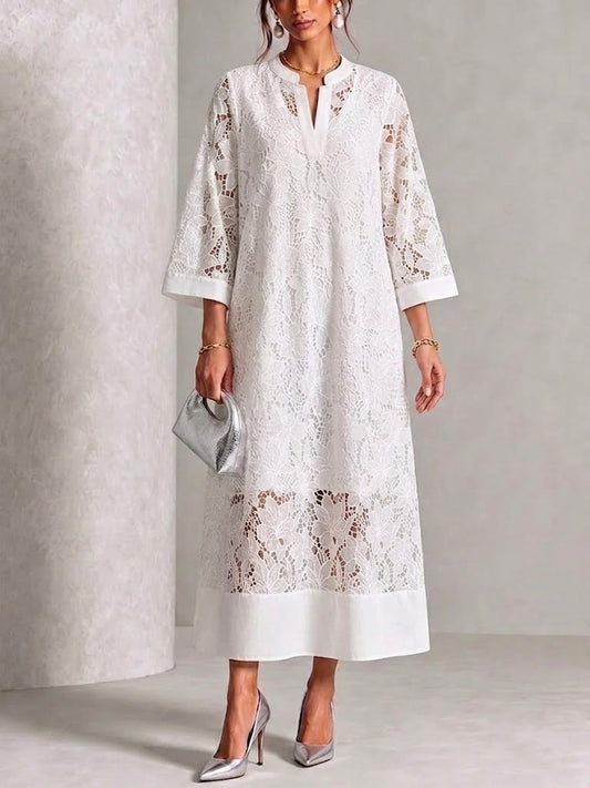 Casual Loose-fit Lace V-neck Dress