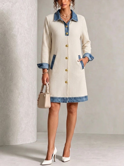 Denim-paneled Ribbed Knit Dress