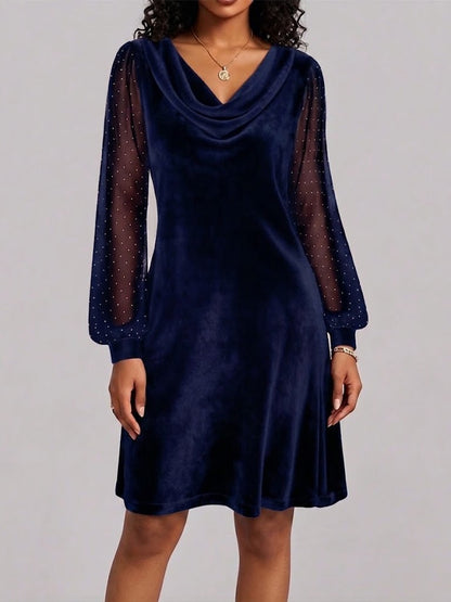 Long-sleeve Velvet And Mesh Dress With A Cowl Neck