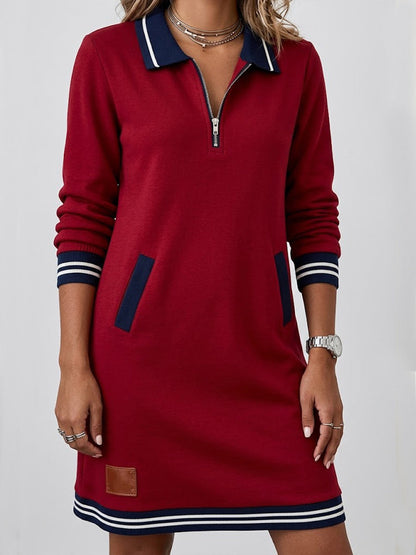 Casual Half-zip Color-block Collar Cotton Knit Mini Dress