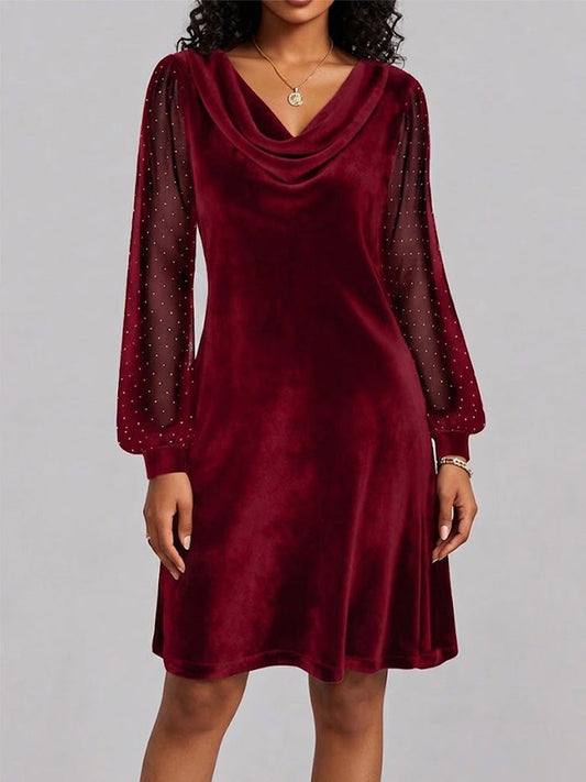 Long-sleeve Velvet And Mesh Dress With A Cowl Neck