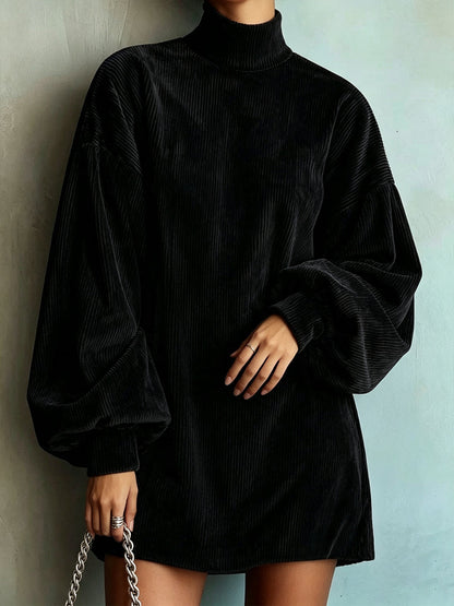 Loose And Cozy Corduroy Lantern-sleeve Mini Dress