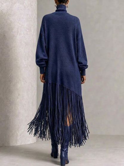 Turtleneck Diagonal Fringe Oversized Knit Midi Dress