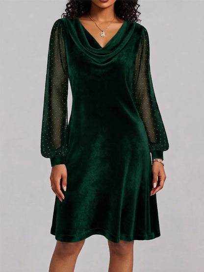 Long-sleeve Velvet And Mesh Dress With A Cowl Neck