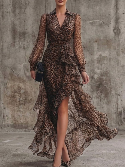 Collared Leopard Print Sheer Chiffon Wrap Waist Irregular Ruffle Maxi Dress