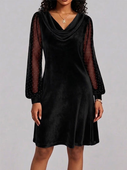 Long-sleeve Velvet And Mesh Dress With A Cowl Neck