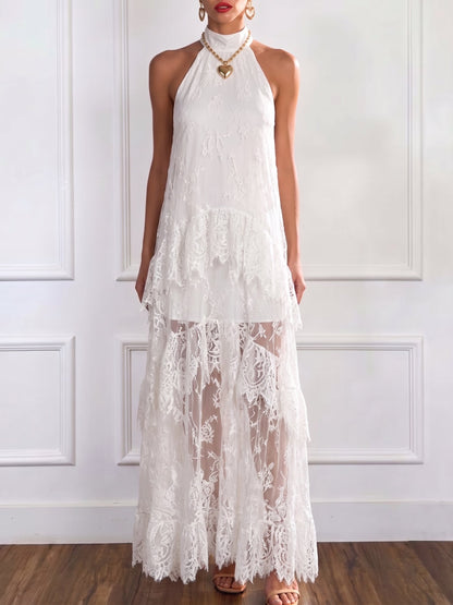 Stylish And Elegant White Lace Halter-neck Maxi Dress