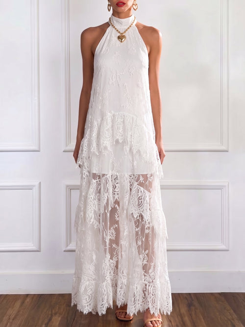 Stylish And Elegant White Lace Halter-neck Maxi Dress