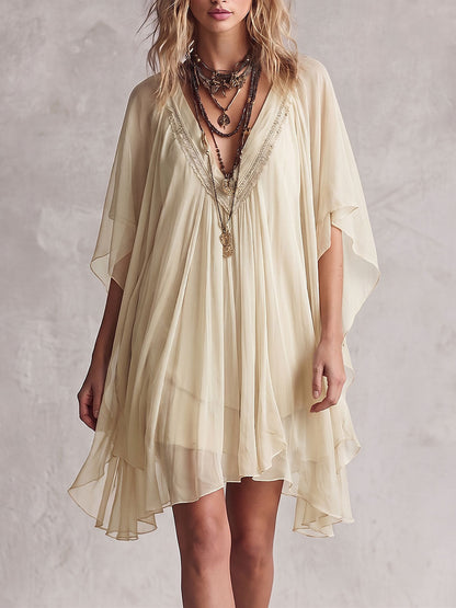 Women's Solid Color V-neck 3/4 Sleeve Casual Loose Chiffon Dress