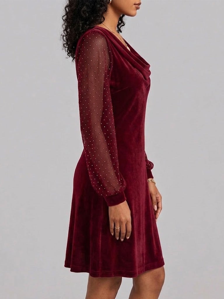 Long-sleeve Velvet And Mesh Dress With A Cowl Neck