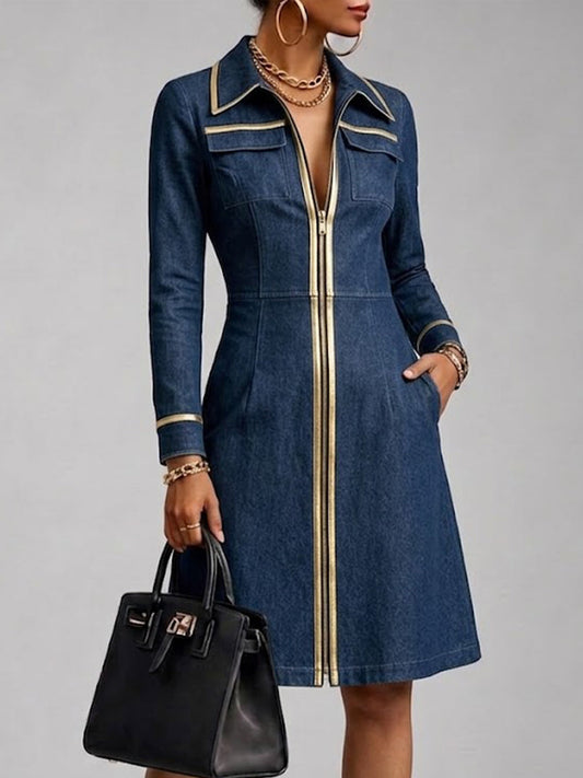 Stylish Casual Denim Dress With Front Zipper And Gold Piping